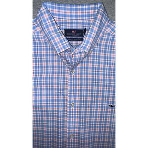 Vineyard Vines Mens Tucker Shirt Classic Fit Blue Pink Plaid Size Large Preppy